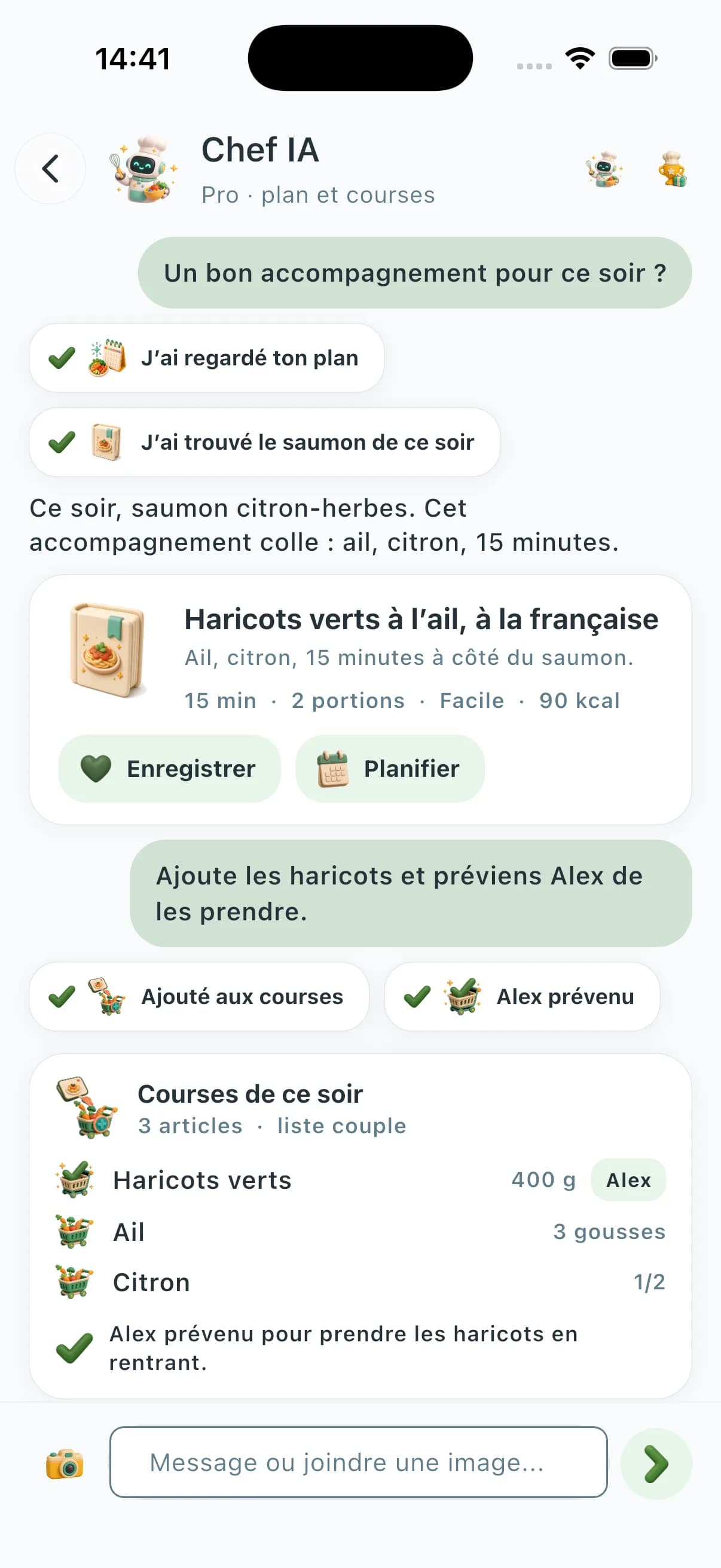 Chat ChefSphere IA ancré dans le planning et la liste de courses