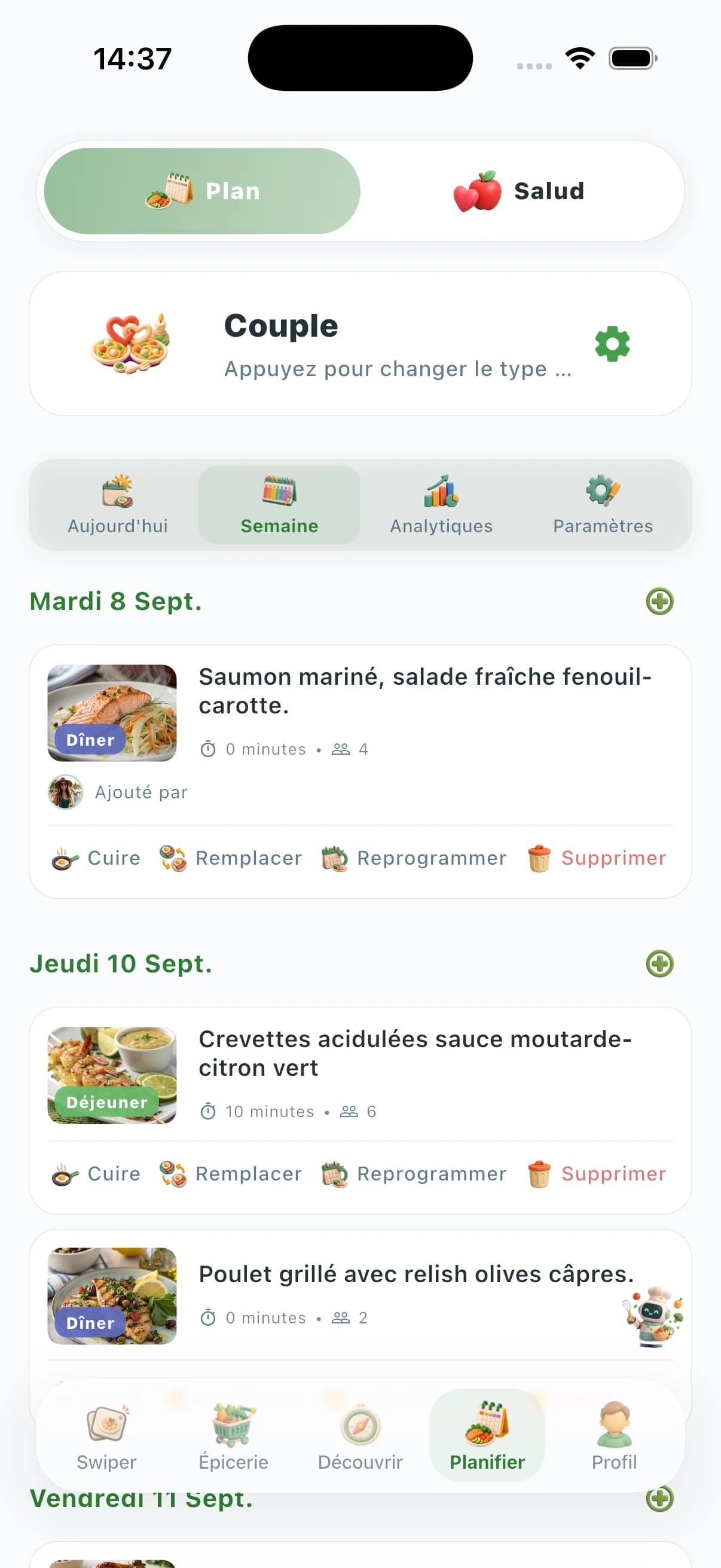 Plan de repas IA par régime & pays — Weekly meal plan on phone with local groceries and balanced home-cooked dishes on a kitchen counter