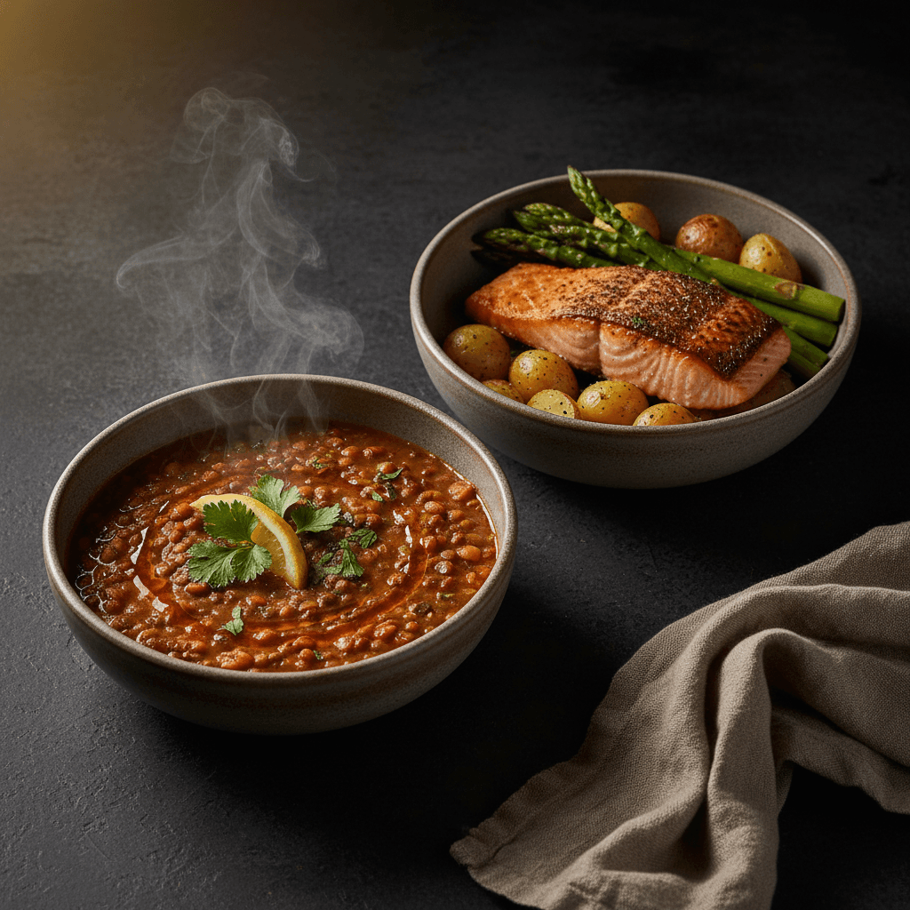 Two different home-cooked dinners side by side — vegetarian and omnivore, one peaceful meal