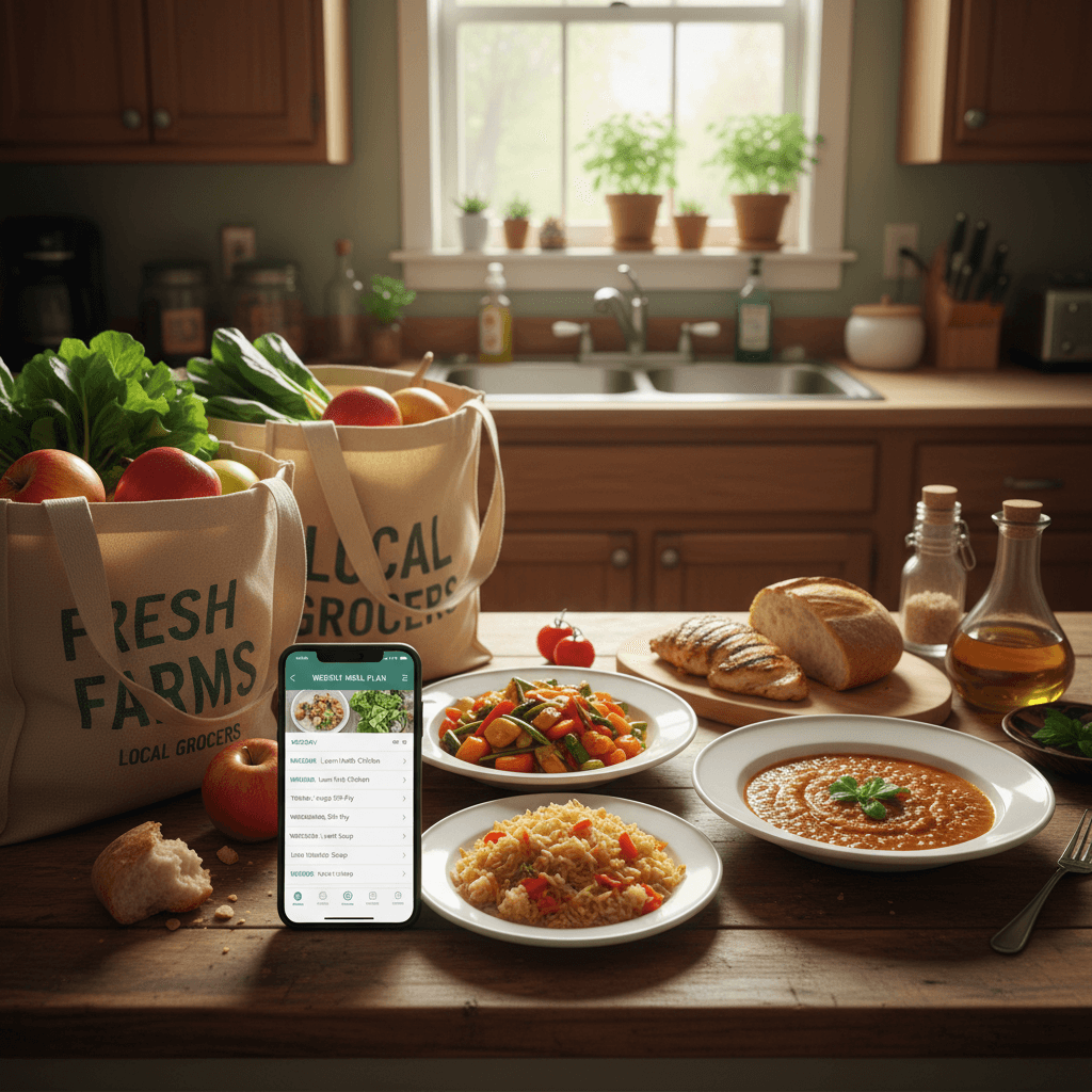 AI Meal Plan by Diet & Country — ChefSphere — Weekly meal plan on phone with local groceries and balanced home-cooked dishes on a kitchen counter