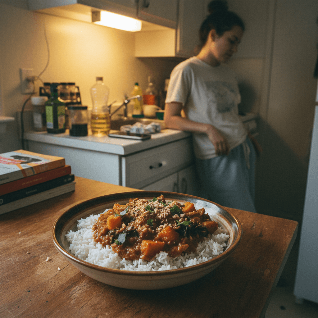 African recipes — African recipes — Everyday home cook preparing food in a modest apartment kitchen — not a professional chef or restaurant