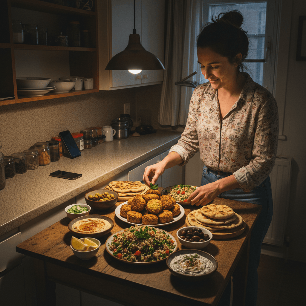Arabic recipes — Arabic recipes — Everyday home cook preparing food in a modest apartment kitchen — not a professional chef or restaurant