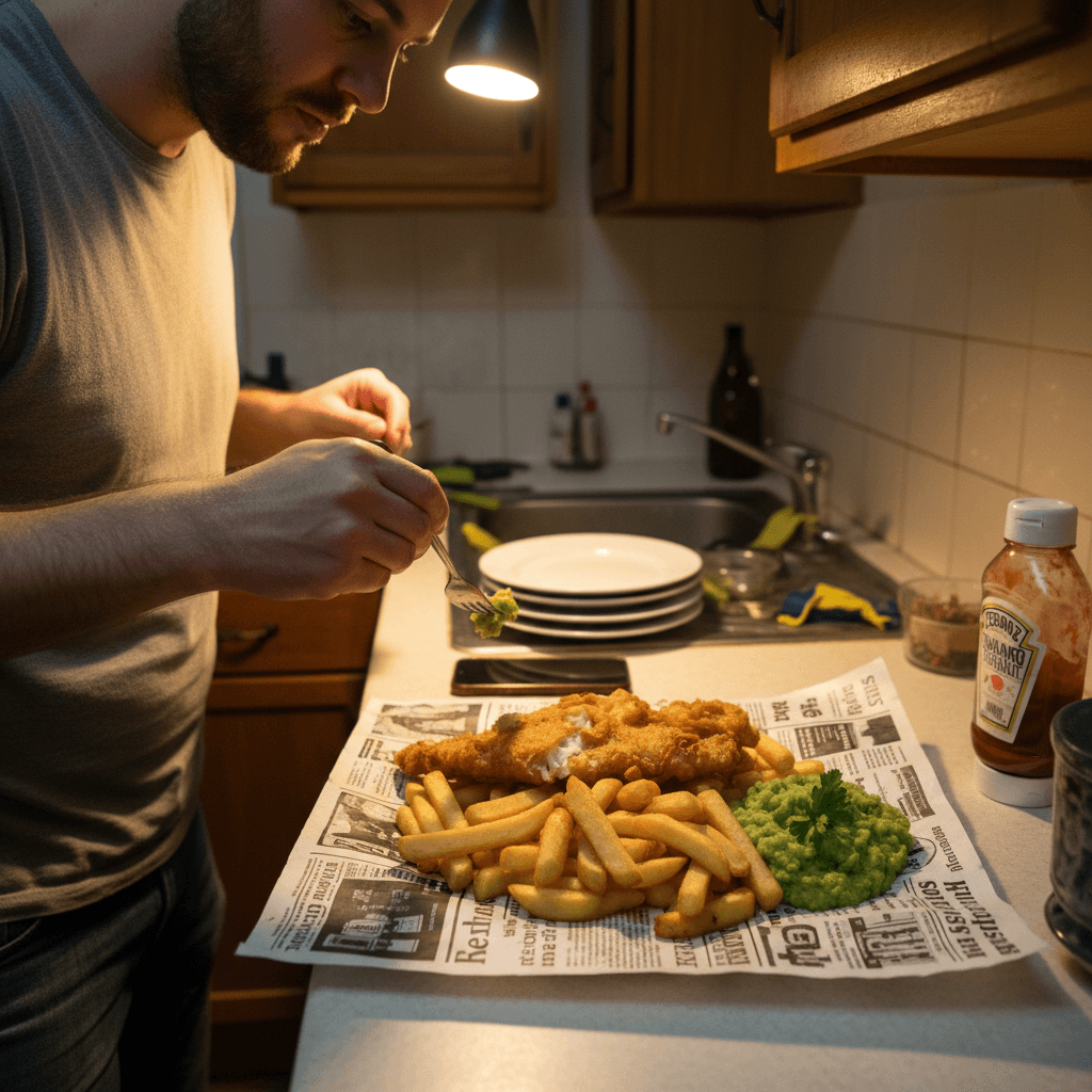 British recipes — British recipes — Everyday home cook preparing food in a modest apartment kitchen — not a professional chef or restaurant