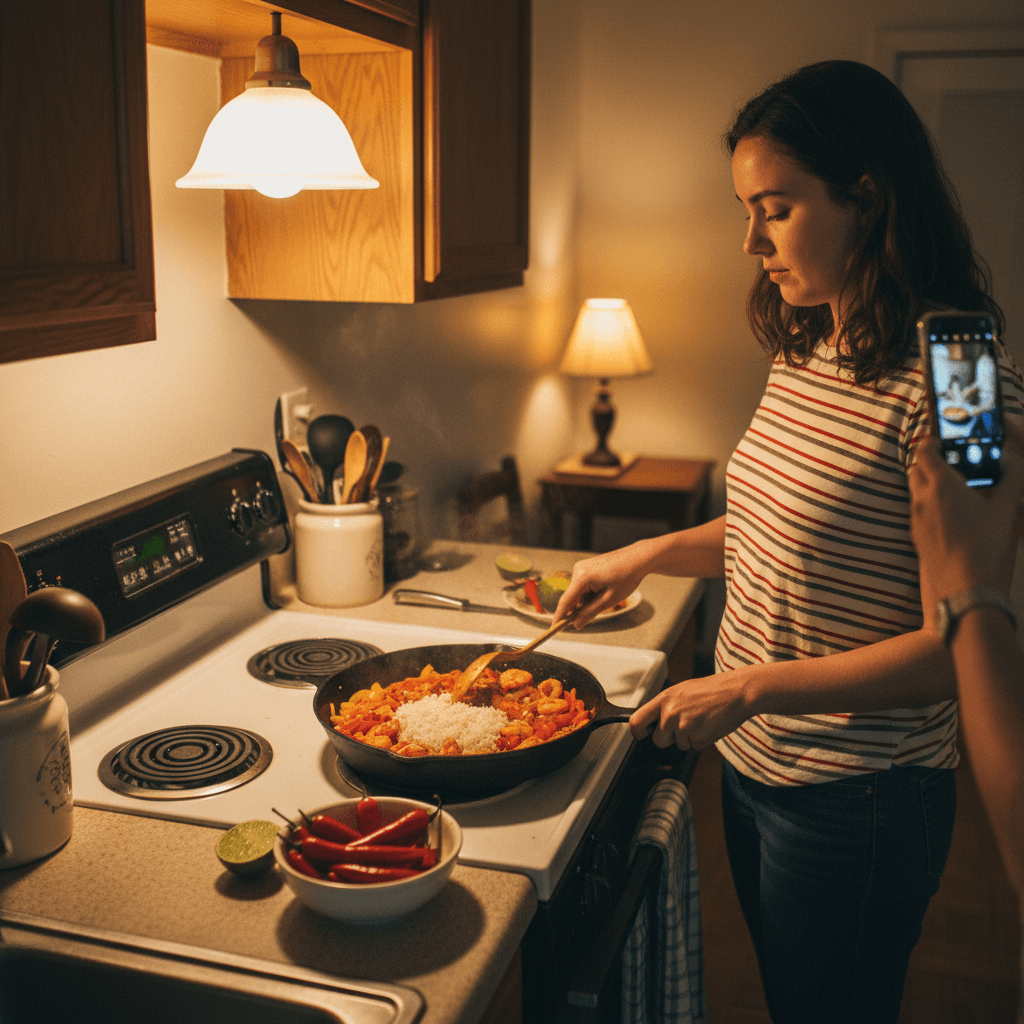 Cajun & Creole recipes — Cajun & Creole recipes — Everyday home cook preparing food in a modest apartment kitchen — not a professional chef or restaurant