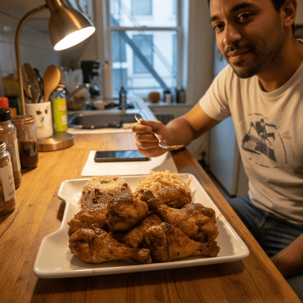 Caribbean recipes — Caribbean recipes — Everyday home cook preparing food in a modest apartment kitchen — not a professional chef or restaurant