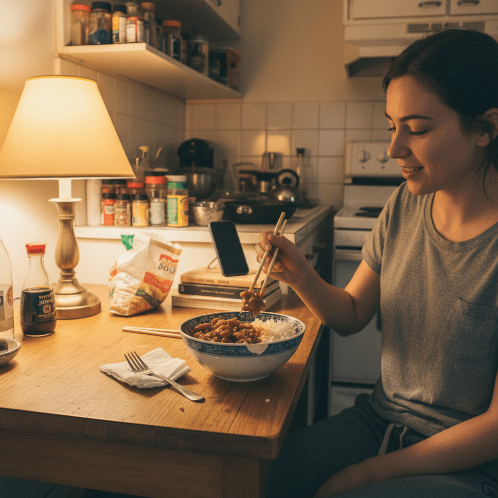 Chinese recipes — Chinese recipes — Everyday home cook preparing food in a modest apartment kitchen — not a professional chef or restaurant