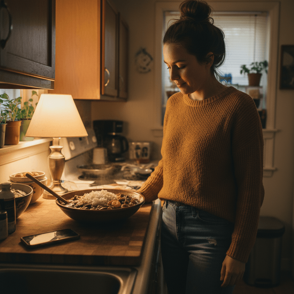 Creole recipes — Creole recipes — Everyday home cook preparing food in a modest apartment kitchen — not a professional chef or restaurant