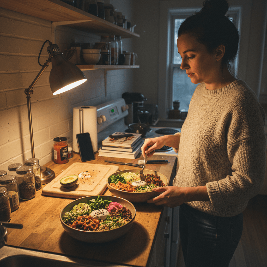 Fusion recipes — Fusion recipes — Everyday home cook preparing food in a modest apartment kitchen — not a professional chef or restaurant