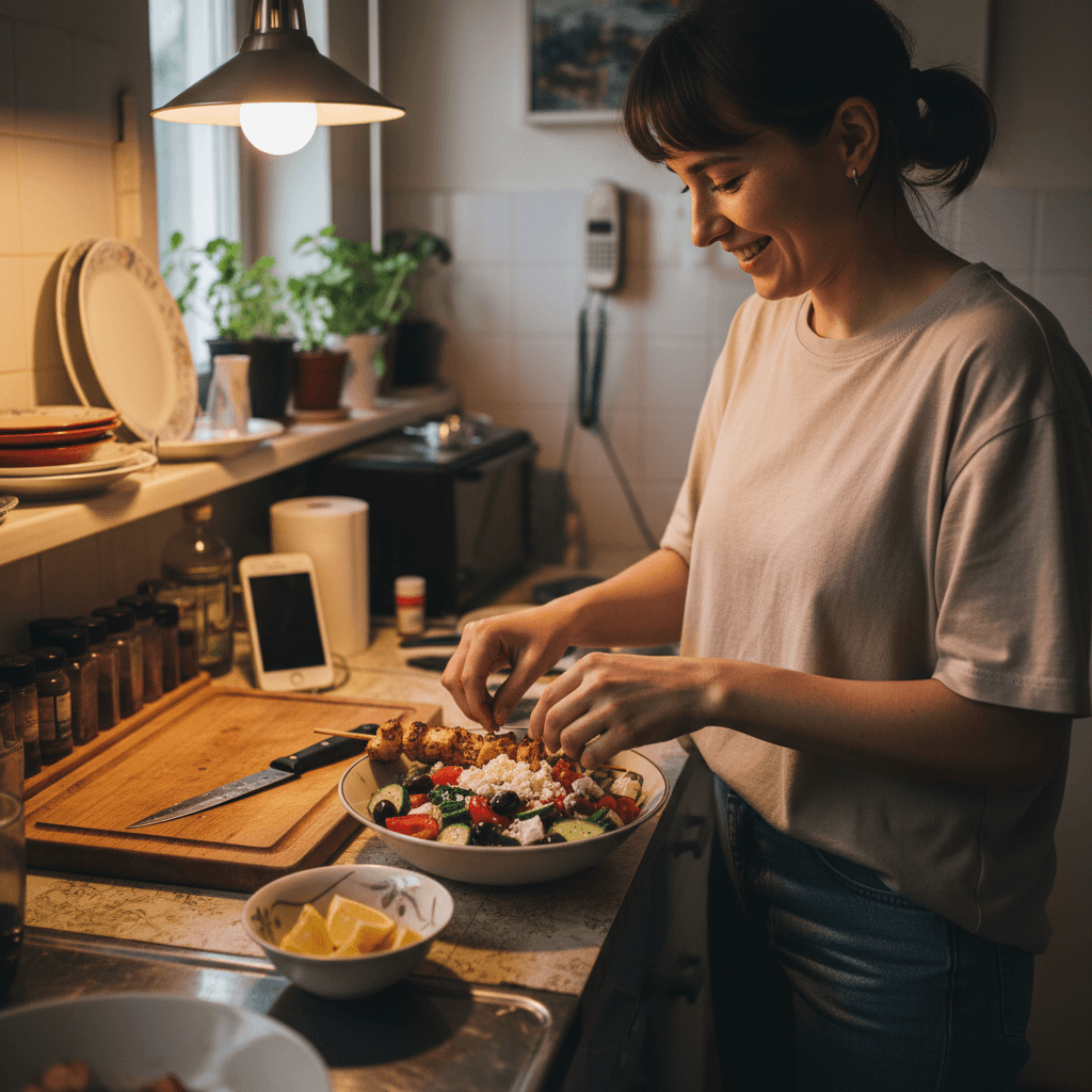 Greek recipes — Greek recipes — Everyday home cook preparing food in a modest apartment kitchen — not a professional chef or restaurant