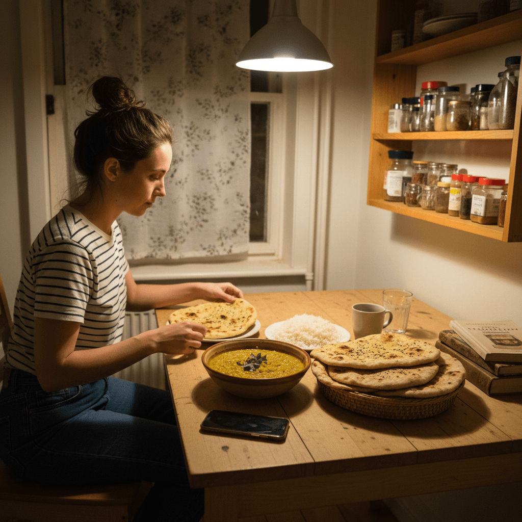 Indian recipes — Indian recipes — Everyday home cook preparing food in a modest apartment kitchen — not a professional chef or restaurant