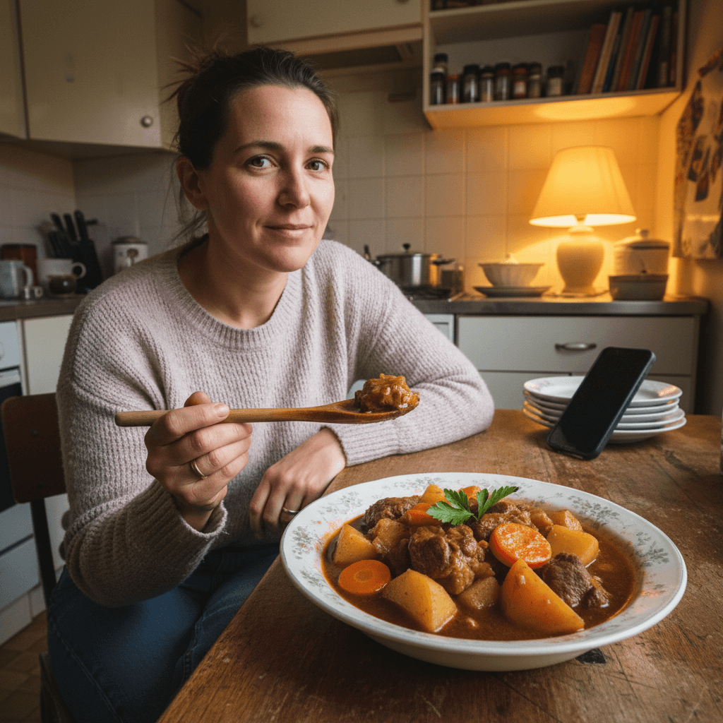 Irish recipes — Irish recipes — Everyday home cook preparing food in a modest apartment kitchen — not a professional chef or restaurant