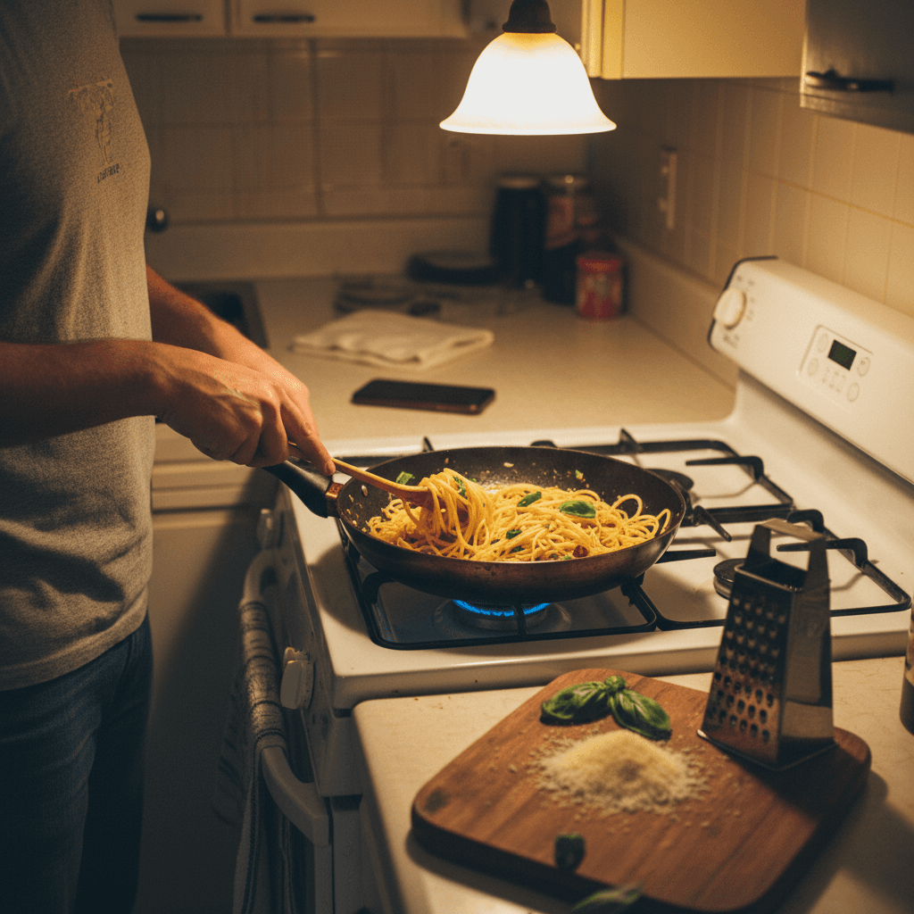 Italian recipes — Italian recipes — Everyday home cook preparing food in a modest apartment kitchen — not a professional chef or restaurant