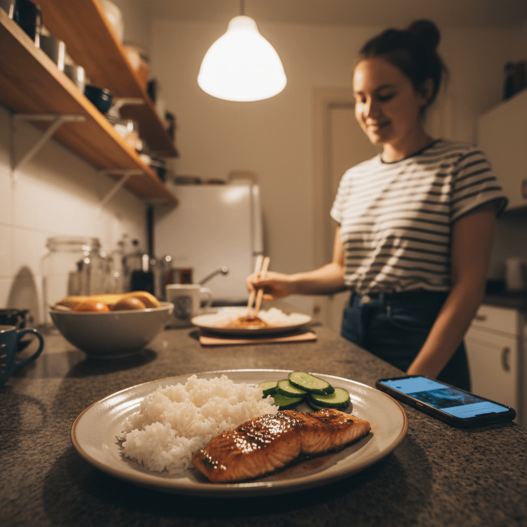 Japanese recipes — Japanese recipes — Everyday home cook preparing food in a modest apartment kitchen — not a professional chef or restaurant