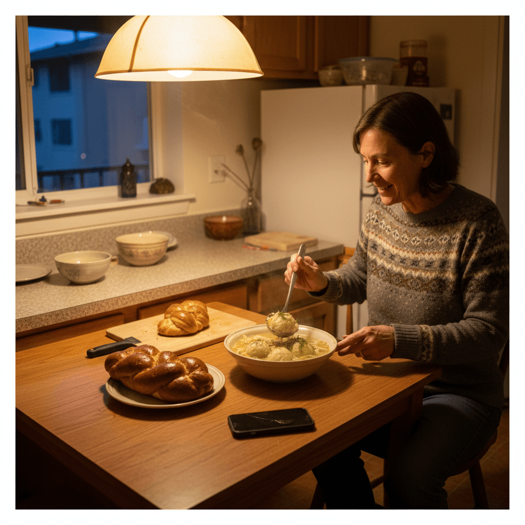 Jewish recipes — Jewish recipes — Everyday home cook preparing food in a modest apartment kitchen — not a professional chef or restaurant