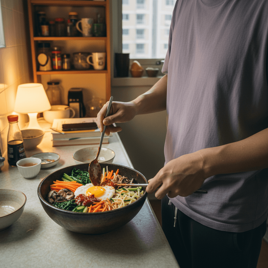 Korean recipes — Korean recipes — Everyday home cook preparing food in a modest apartment kitchen — not a professional chef or restaurant