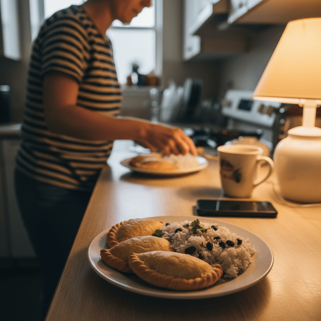 Latin American recipes — Latin American recipes — Everyday home cook preparing food in a modest apartment kitchen — not a professional chef or restaurant