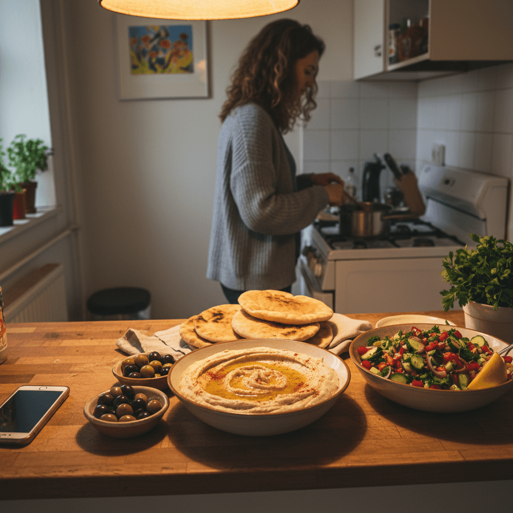 Mediterranean recipes — Mediterranean recipes — Everyday home cook preparing food in a modest apartment kitchen — not a professional chef or restaurant