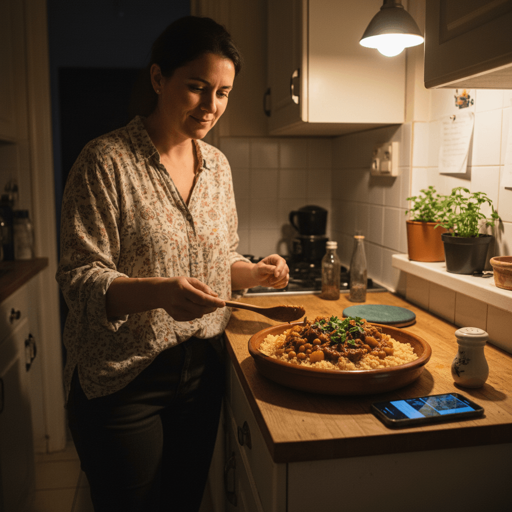Moroccan recipes — Moroccan recipes — Everyday home cook preparing food in a modest apartment kitchen — not a professional chef or restaurant