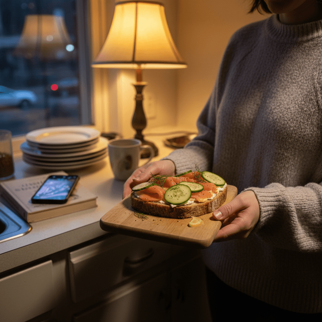 Nordic recipes — Nordic recipes — Everyday home cook preparing food in a modest apartment kitchen — not a professional chef or restaurant
