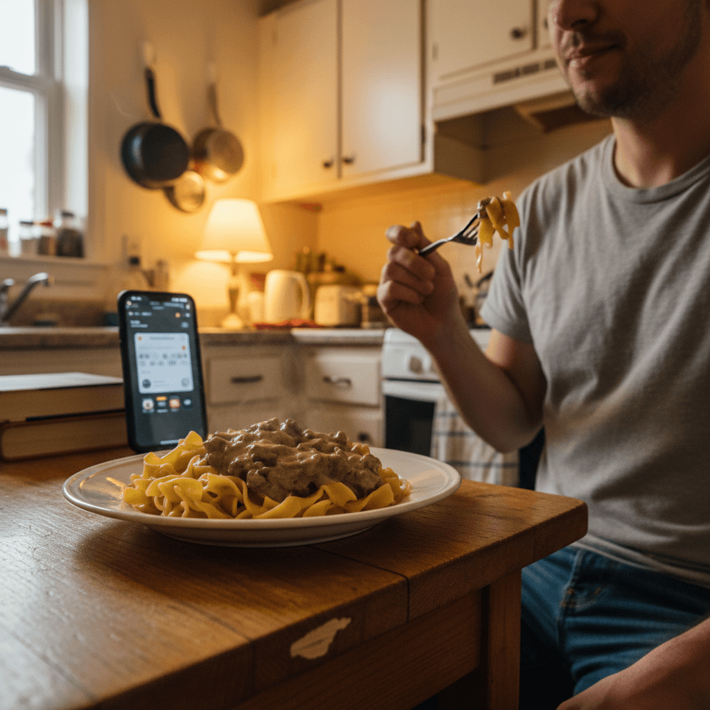 Russian recipes — Russian recipes — Everyday home cook preparing food in a modest apartment kitchen — not a professional chef or restaurant