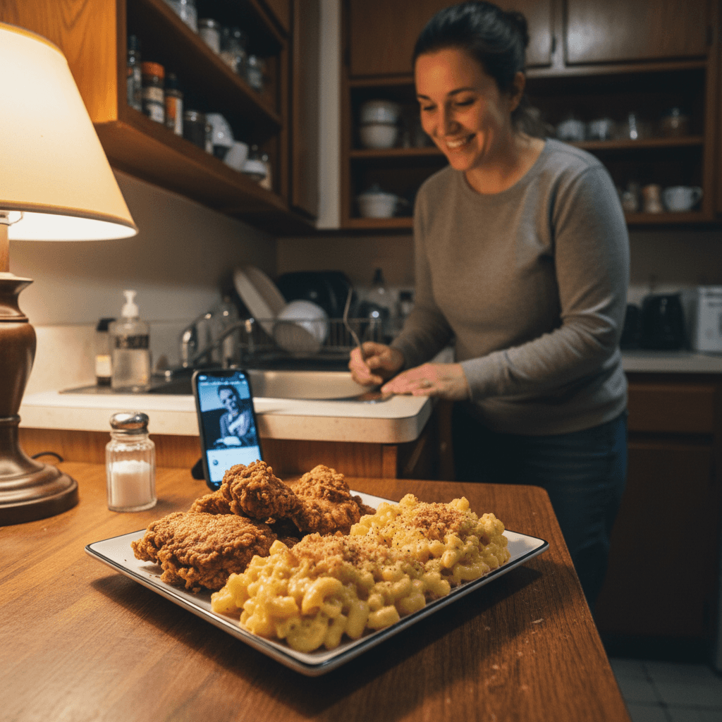 Southern (US) recipes — Southern (US) recipes — Everyday home cook preparing food in a modest apartment kitchen — not a professional chef or restaurant