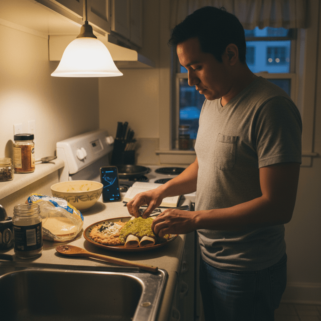 Southwestern recipes — Southwestern recipes — Everyday home cook preparing food in a modest apartment kitchen — not a professional chef or restaurant