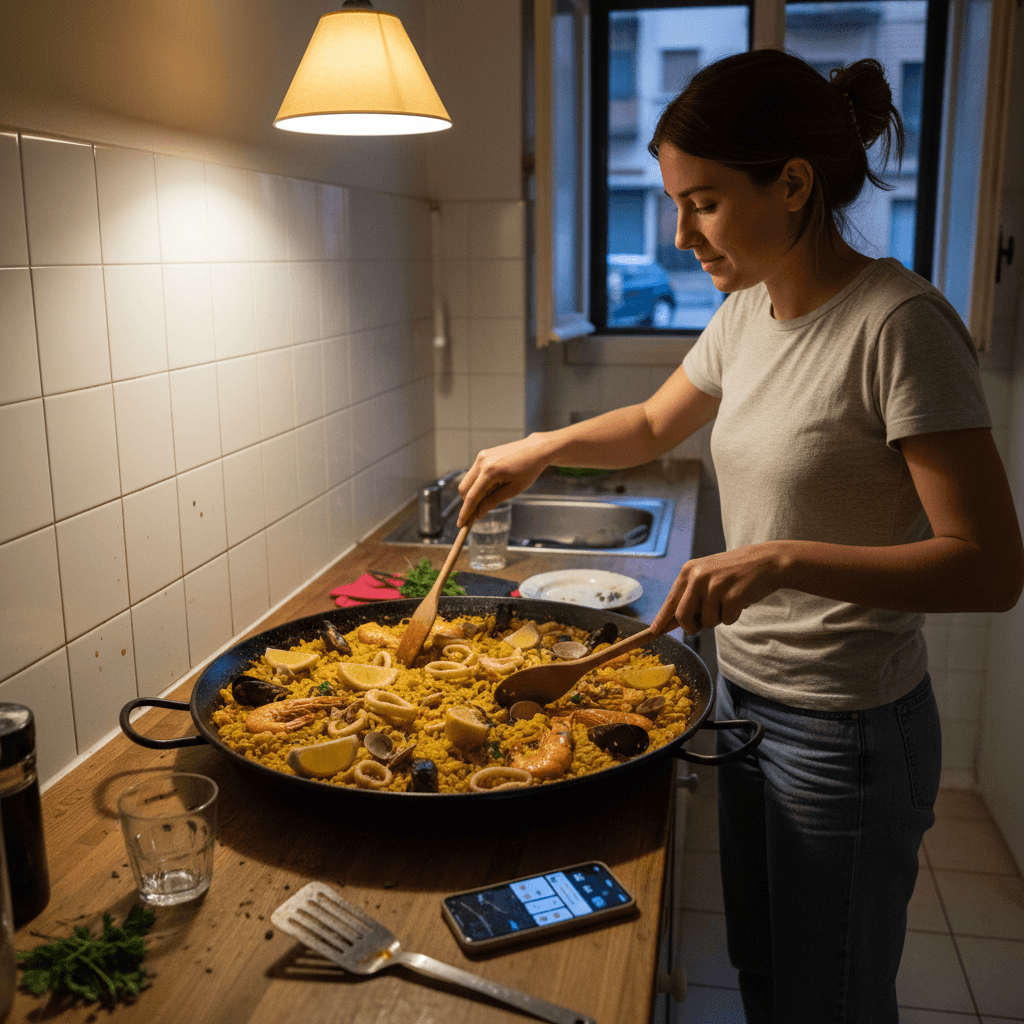 Spanish recipes — Spanish recipes — Everyday home cook preparing food in a modest apartment kitchen — not a professional chef or restaurant