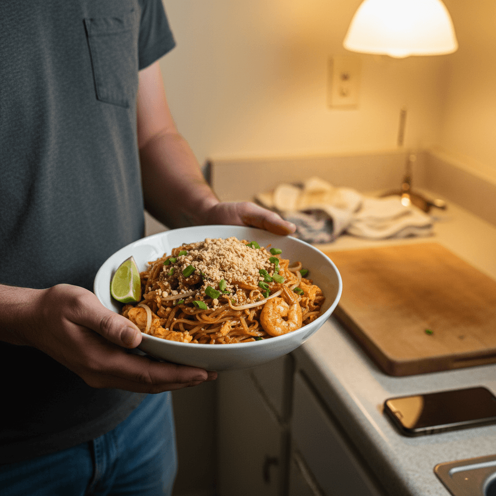 Thai recipes — Thai recipes — Everyday home cook preparing food in a modest apartment kitchen — not a professional chef or restaurant