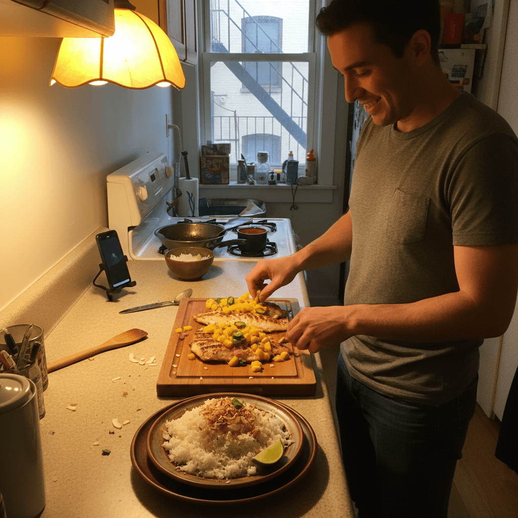 Tropical recipes — Tropical recipes — Everyday home cook preparing food in a modest apartment kitchen — not a professional chef or restaurant