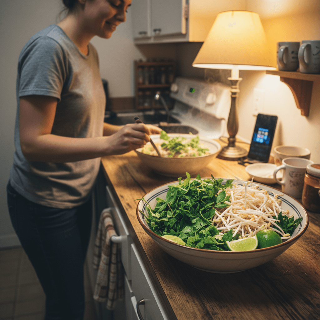 Vietnamese recipes — Vietnamese recipes — Everyday home cook preparing food in a modest apartment kitchen — not a professional chef or restaurant