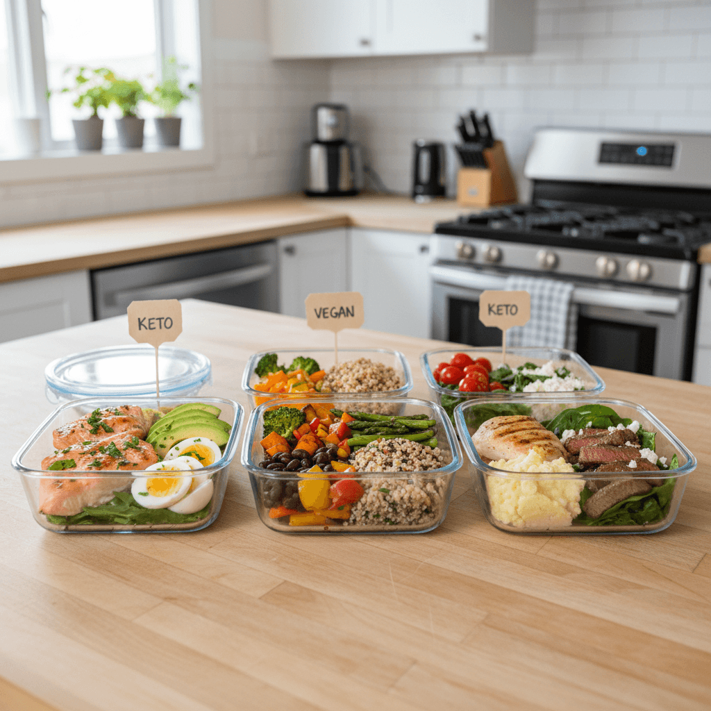 Diet meal plan hubs — April 2026 — Colorful weekly diet meal prep containers on a home kitchen counter — keto, vegan, high protein