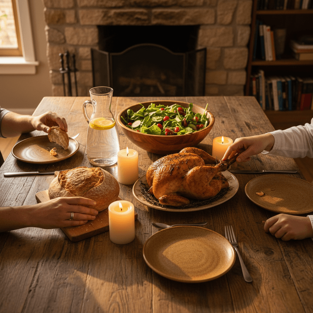 Personal Zone: meal planning for couples, families, and friends — Hands of a couple and a family sharing a wooden dining table covered in home-cooked dishes