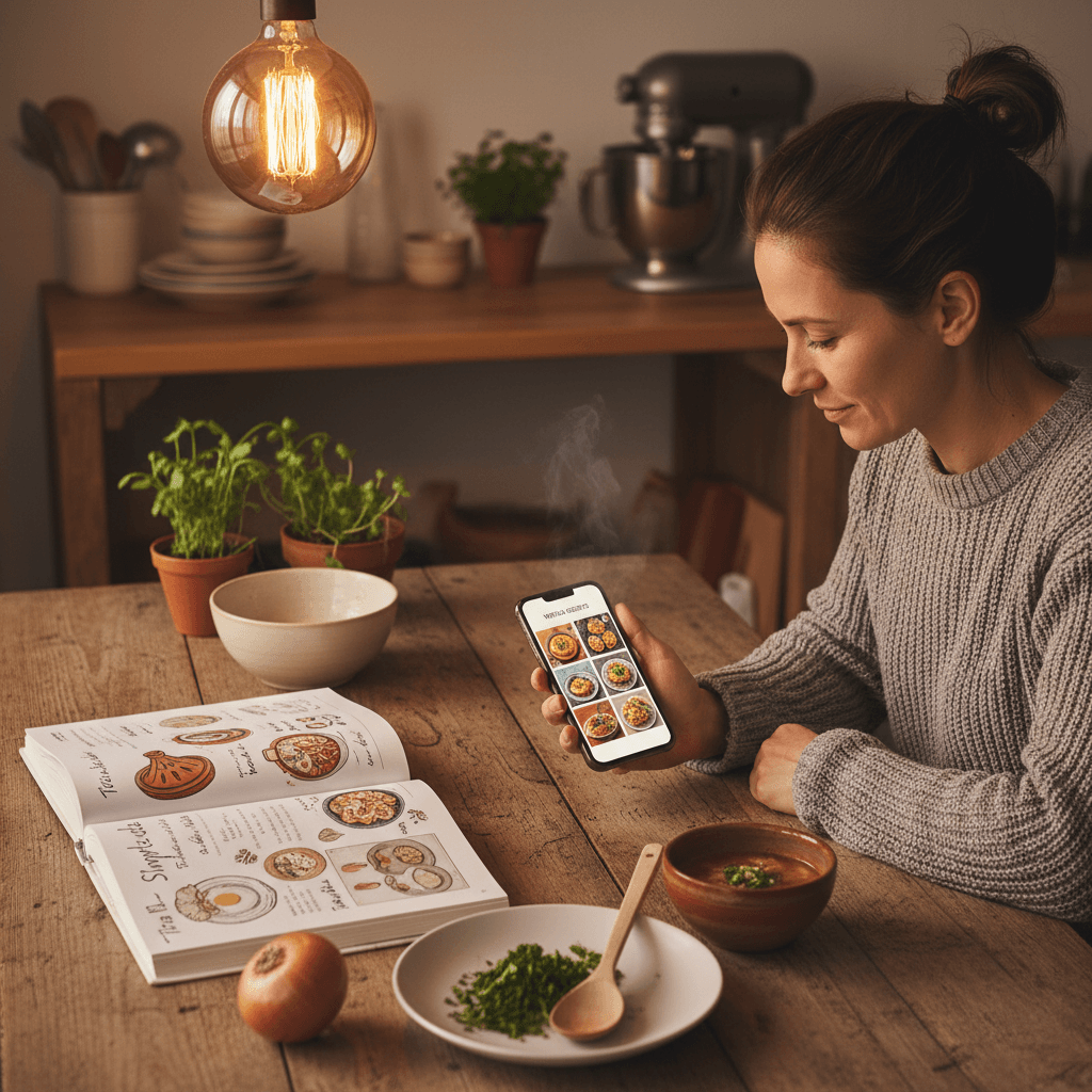 Discover authentic recipes — Home cook exploring authentic world recipes on a phone at a cozy kitchen table on ChefSphere