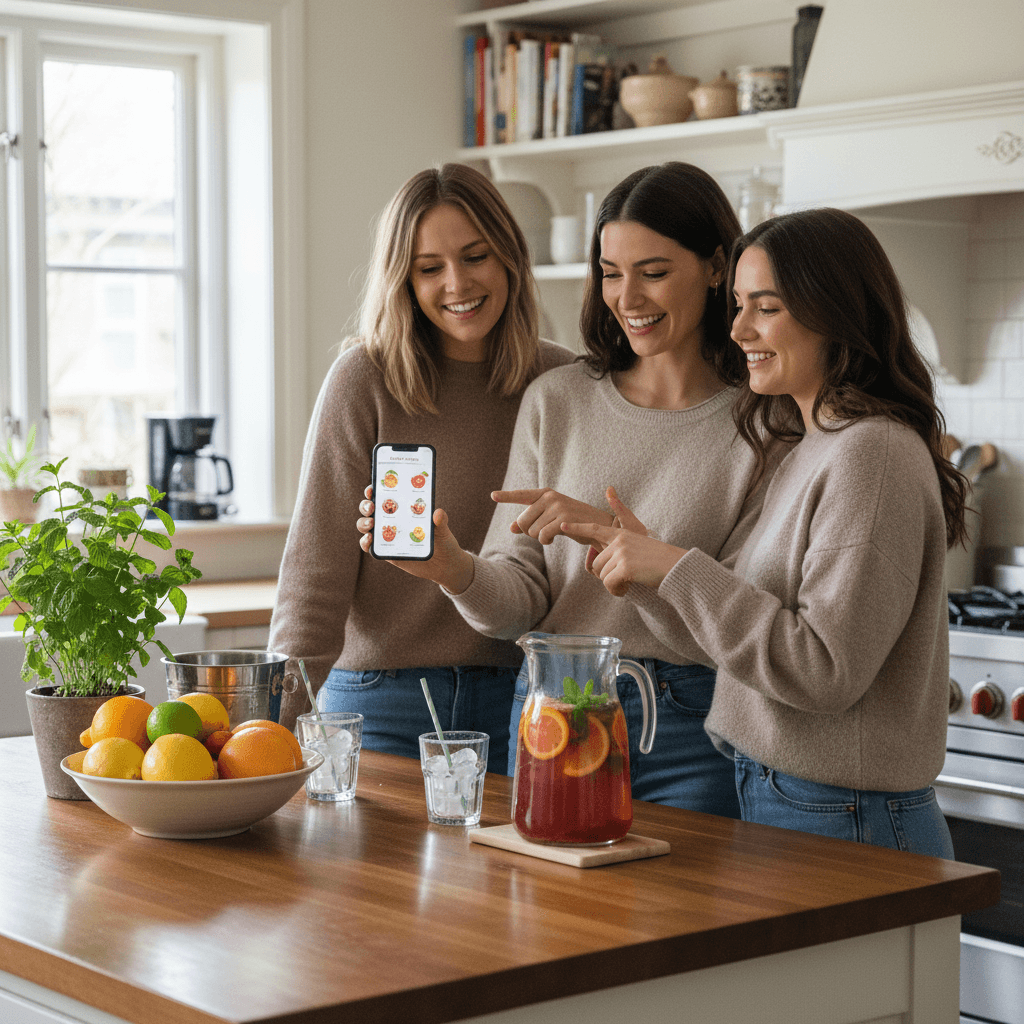 Swipe for Drinks — preference-aware cocktails, mocktails, smoothies, coffee, and tea — Friends choosing mocktails on a phone at a home kitchen counter