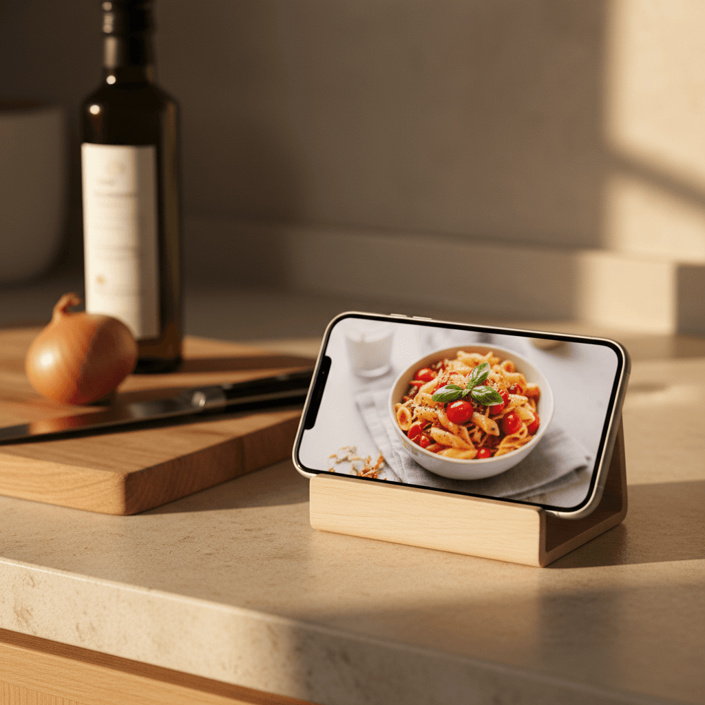 Swipe for Meals — recipe decks ranked by your real preferences — Smartphone on a kitchen counter showing a stack of recipe cards to swipe, with simple weeknight ingredients nearby