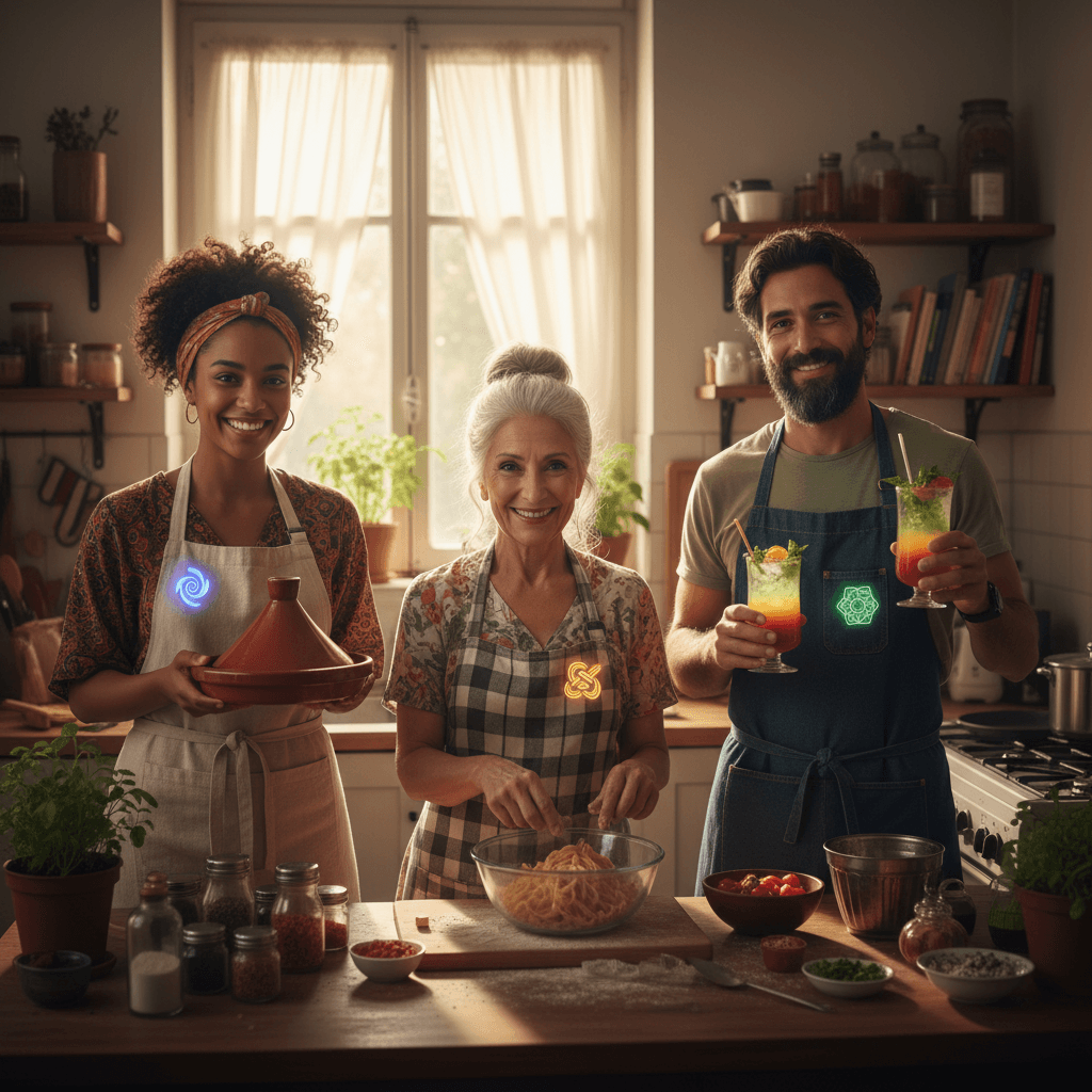 Meet your kitchen co-stars — Diverse AI chef personas in a home kitchen — each with distinct cuisine and personality, always disclosed