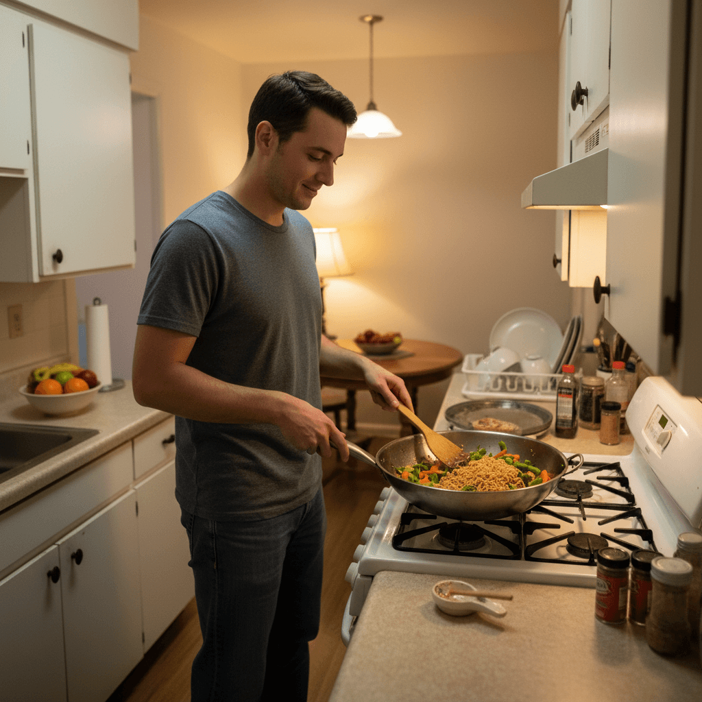 Asian recipes — Asian recipes — Everyday home cook preparing food in a modest apartment kitchen — not a professional chef or restaurant