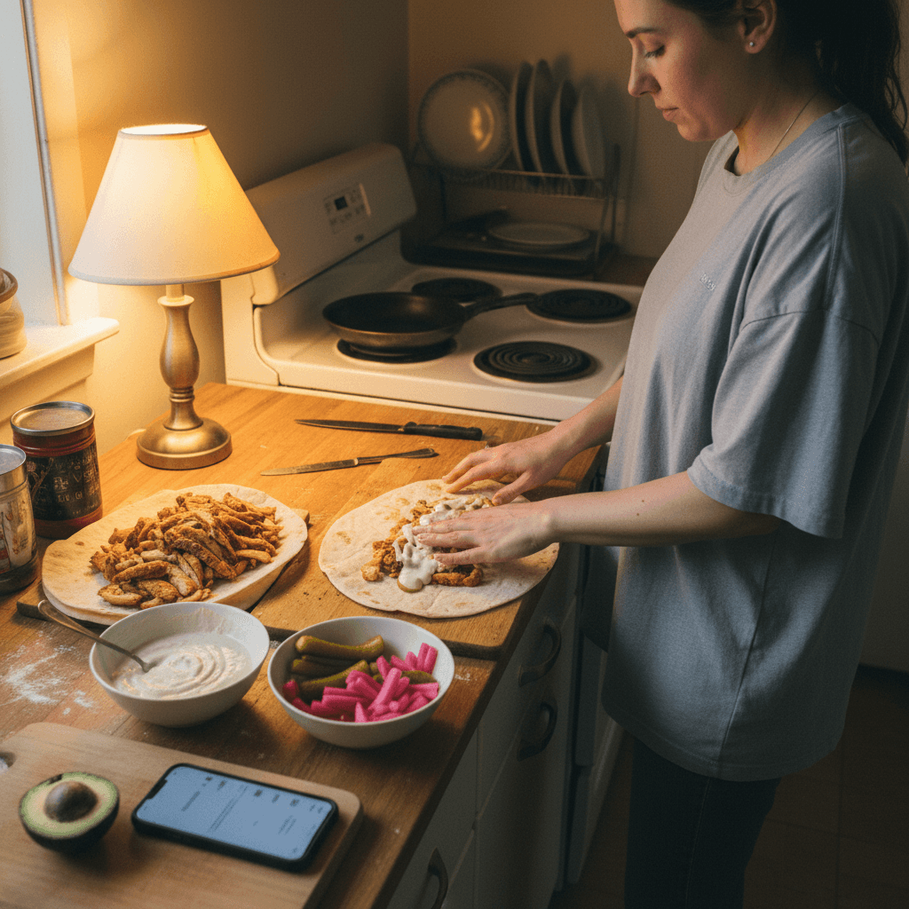 Middle Eastern recipes — Middle Eastern recipes — Everyday home cook preparing food in a modest apartment kitchen — not a professional chef or restaurant
