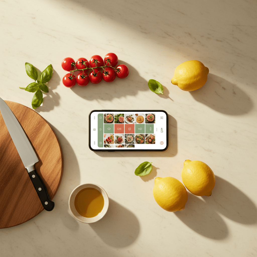 A warm modern kitchen counter with a smartphone showing recipes, surrounded by fresh ingredients