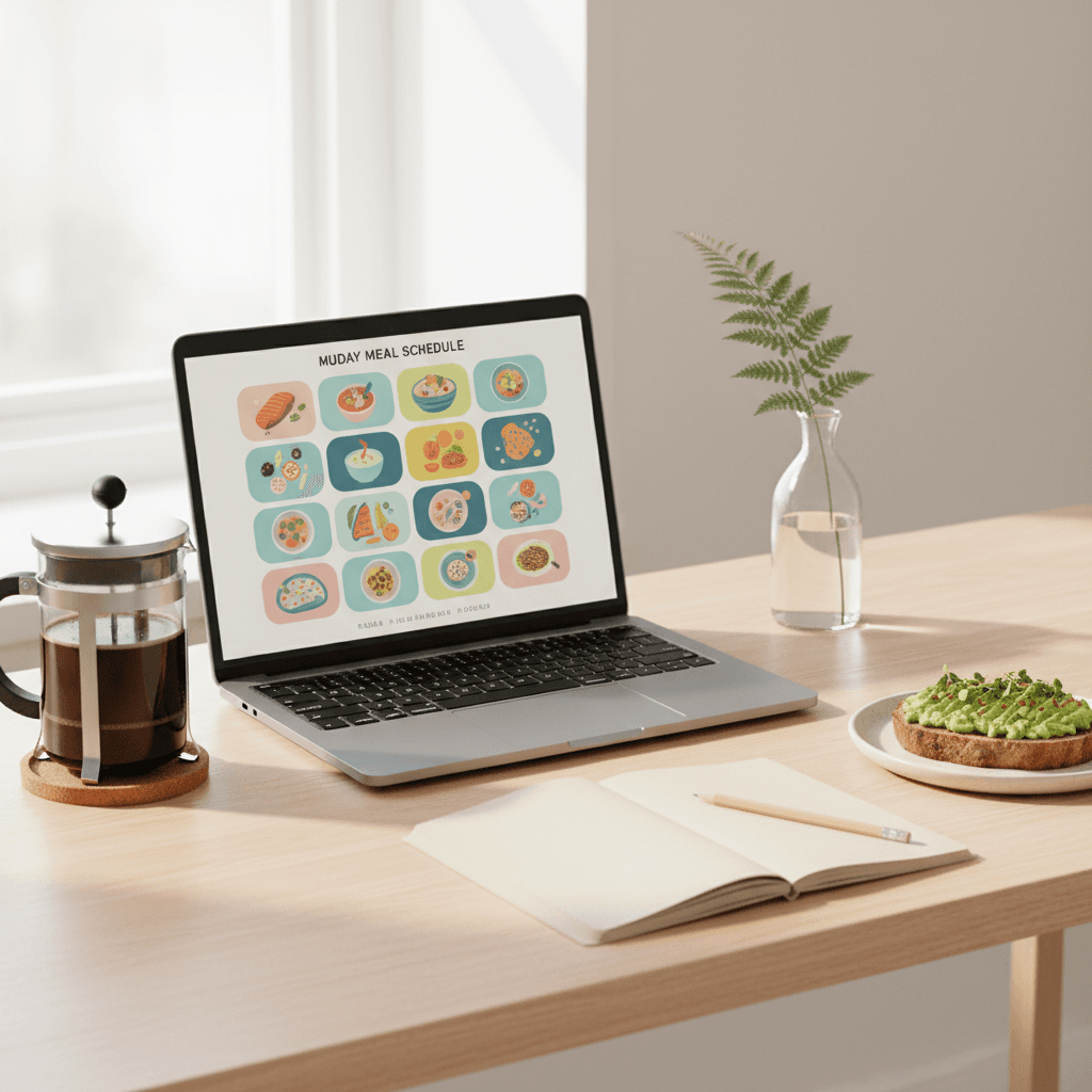 Smart meal planning that adapts to real households — An open laptop showing a 7-day meal calendar on a sunlit desk with coffee