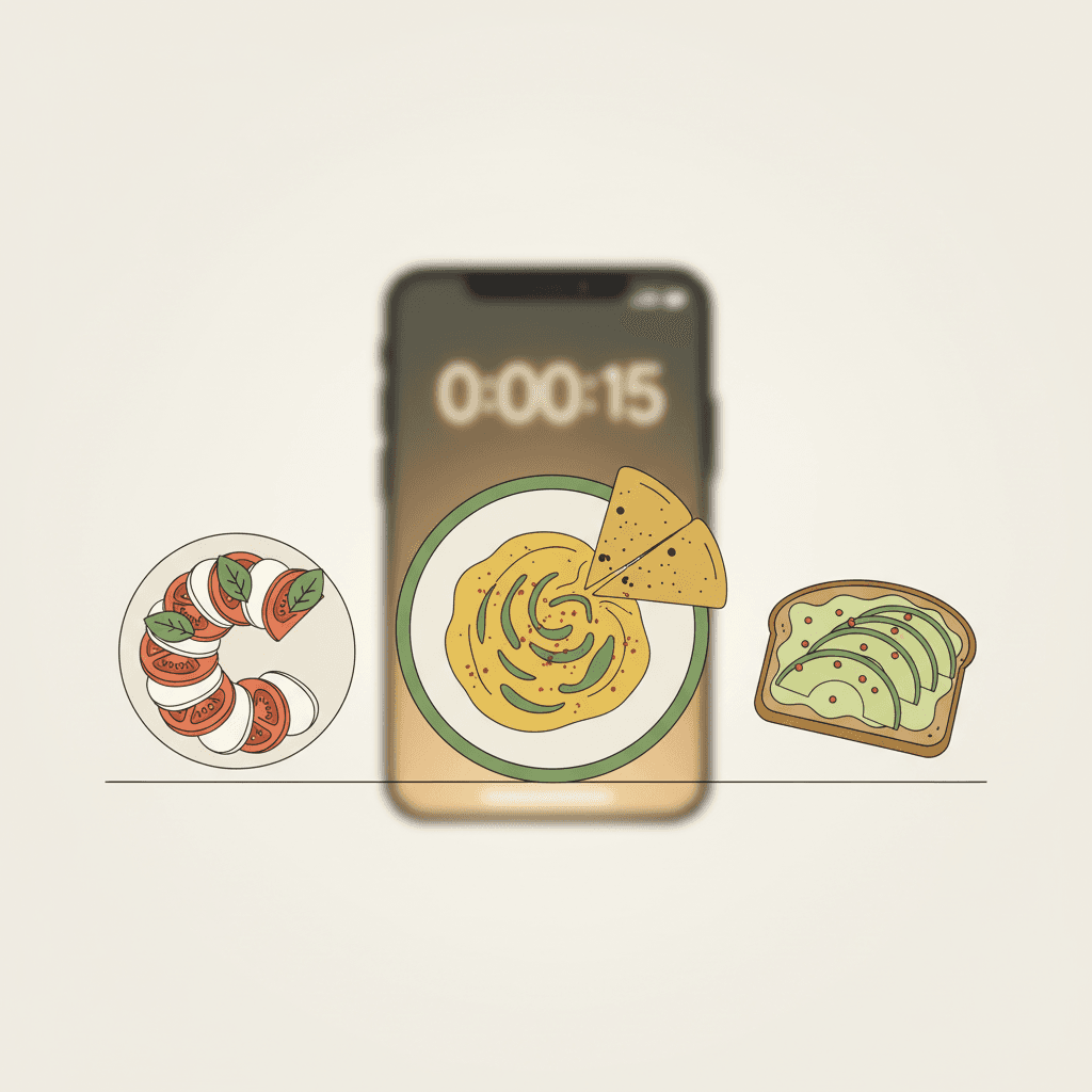 No-cook and assembly-style quick meal on a home counter with timer