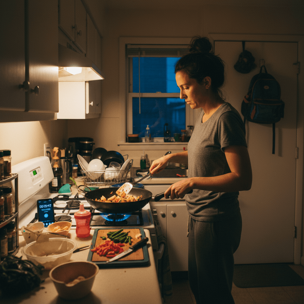 Quick Recipes by Time & Cuisine — Busy home cook making a fast weeknight dinner in a small kitchen, timer on phone