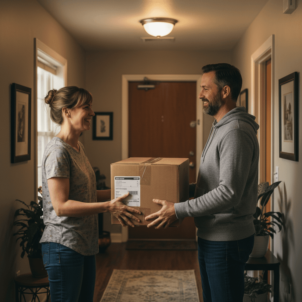 Alquila o compra utensilios de cocina cerca de ti — Home cooks exchanging kitchen tools locally on ChefSphere — stand mixer handoff between neighbors