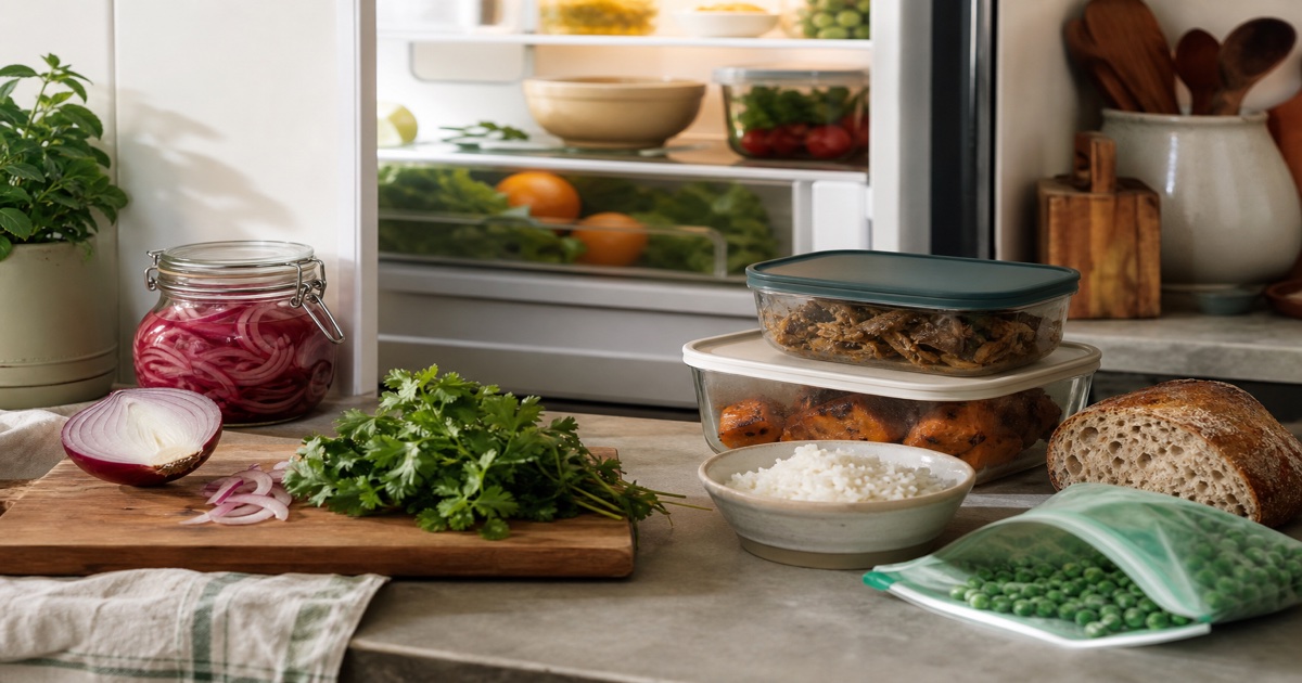 Half onion, herbs, labeled containers and quick-pickled onions on a kitchen counter