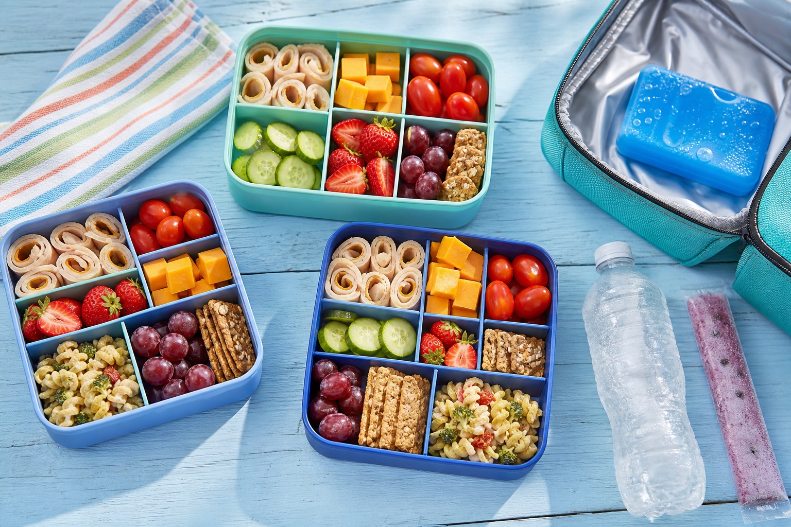 Three colorful kid bento lunch boxes with turkey roll-ups, cheese, fruit and crackers beside an insulated bag and ice pack on a sunny table