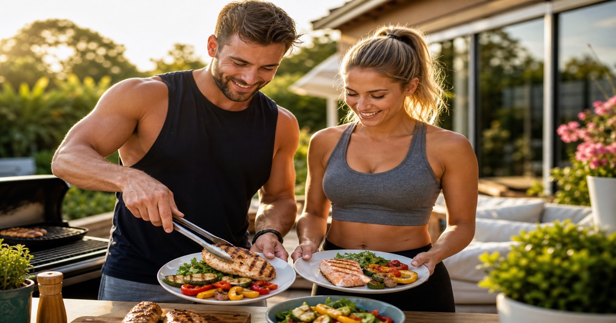 High-protein summer dinner for two with grilled chicken, quinoa, roasted vegetables and Greek yogurt sauce on a bright patio table