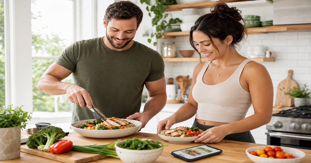 Couple meal prepping together with separate portion containers, fresh vegetables and lean proteins on a bright kitchen counter