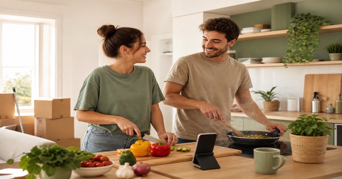 Couple unpacking groceries in their first shared kitchen with a simple meal plan on the counter