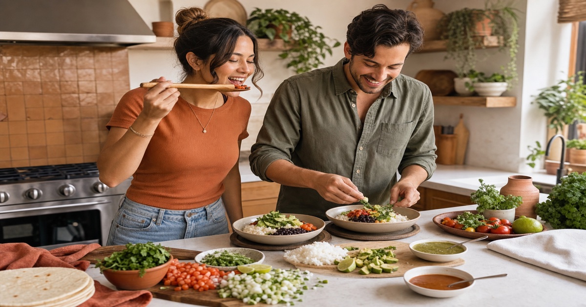 Couple cooking together in a bright kitchen, assembling two plates from one shared base meal
