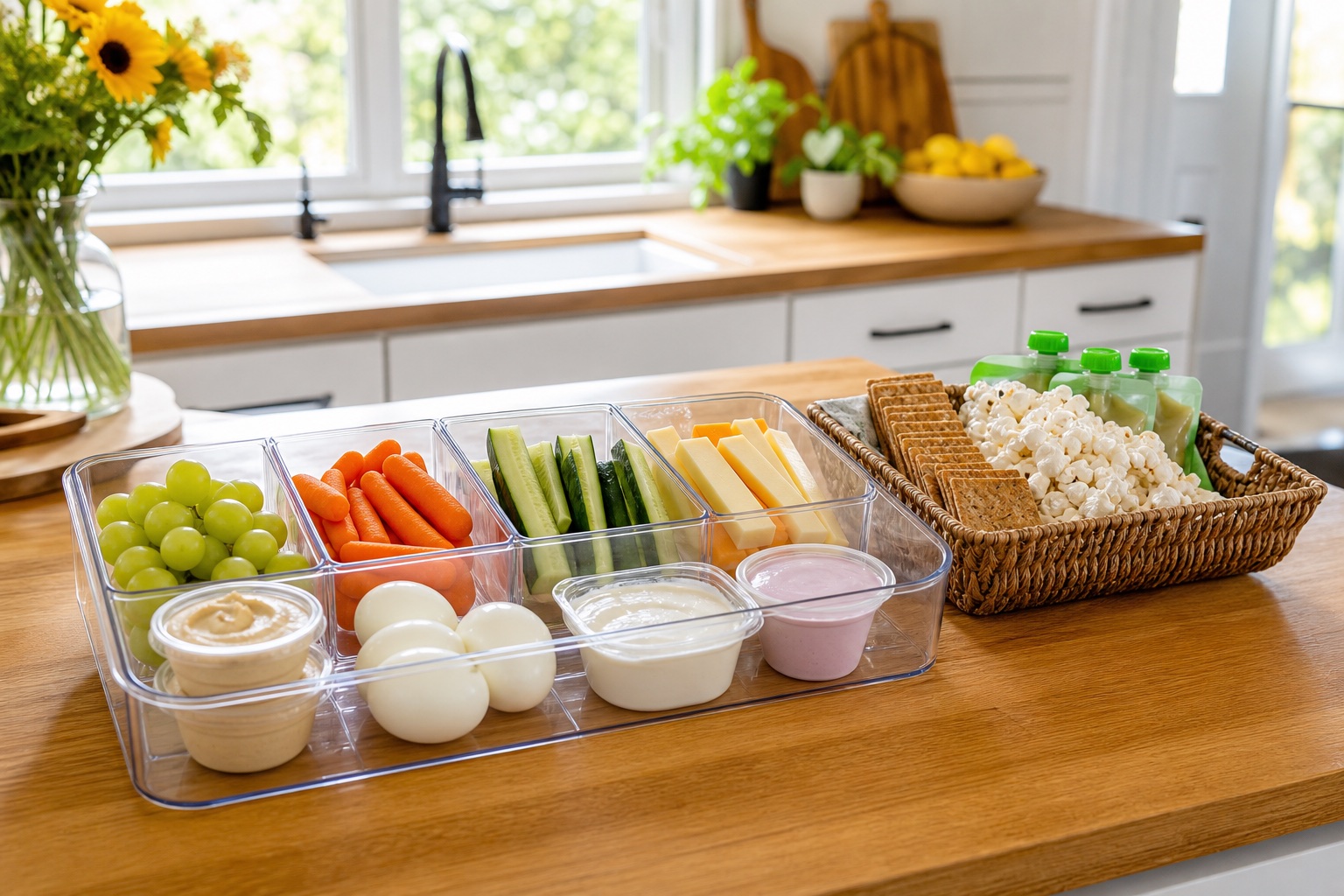 Kids self-serve summer snack station with bins of grapes, carrots, cheese sticks, hummus and yogurt in a bright kitchen
